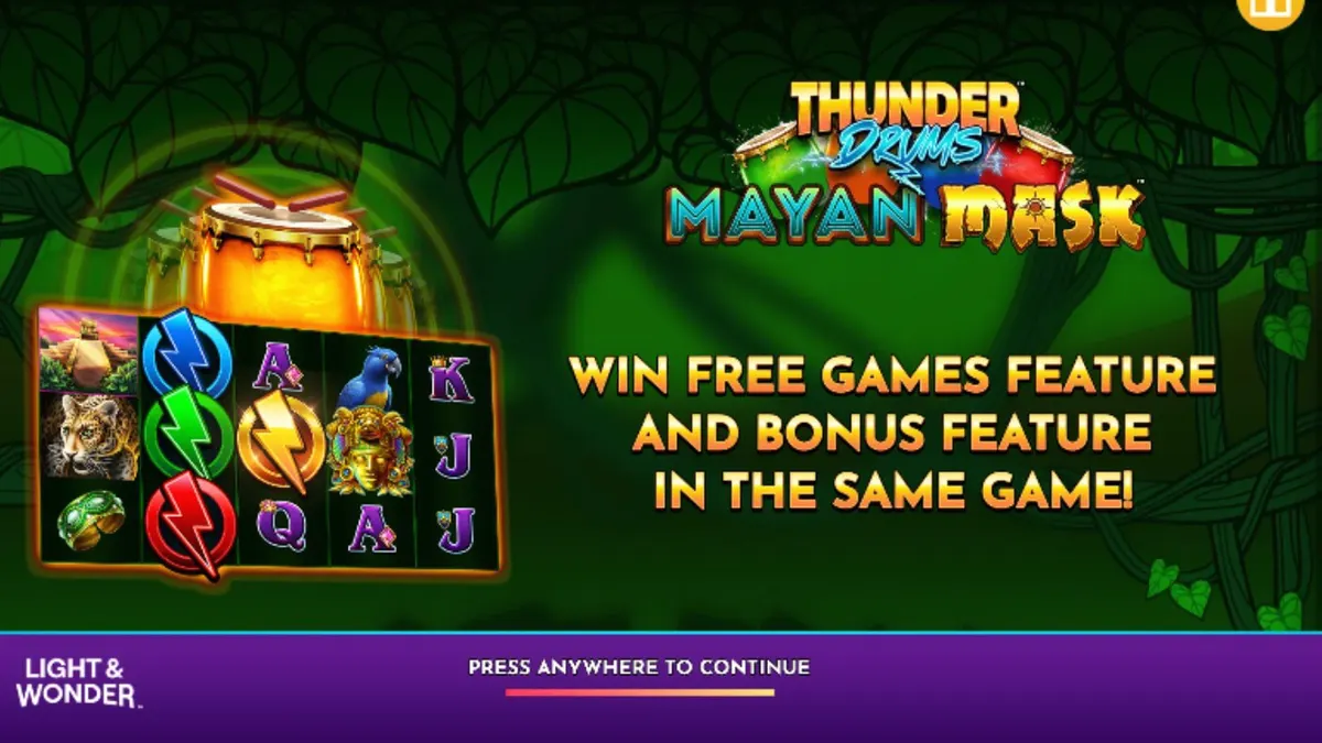 Tampilan visual slot Thunder Drums Mayan Mask dengan tema kuil Maya kuno